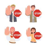 Set illustration of people are holding red stop road sign. Protest and fight concept. No , Stop vector