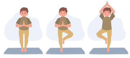 boy child practicing yoga, standing in Vrksasana exercise with namaste, Tree pose, working out.children and healthy lifestyle sport illustration. vector