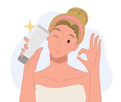woman review skincare product. flat cartoon character illustration. vector
