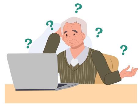 old man don't know how to use laptop.senior man with technology problem concept. illustration vector