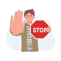 A man holding red stop road sign. Protest and fight concept. flat illustration. vector