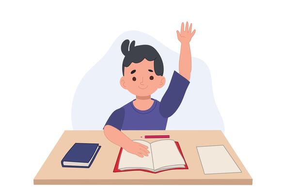 Student boy in classroom sitting at his desk is raising hand up to answer or asking the question.cartoon illustration.
