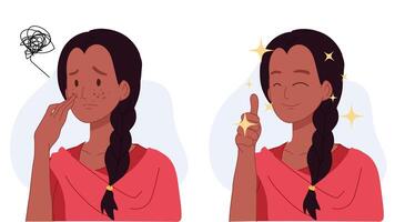 Skin care concept.indian woman,girl with acne.Before and after acne.Flat 2d cartoon character illustration. vector
