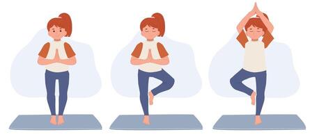 girl child practicing yoga, standing in Vrksasana exercise with namaste, Tree pose, working out.children and healthy lifestyle sport illustration. vector