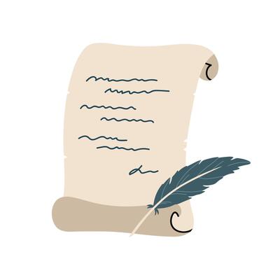 Scroll paper with a quill pen isolated on a white background. hand-drawn illustration in flat style. Perfect for decorations, logo, various designs.