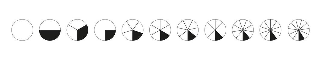 Set of pie, pizza charts. Many number of sectors divide the circle on equal parts from 1 to 11. Segmented charts. Segments infographic. Diagram wheel parts from one to eleven. vector