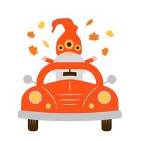 Autumn retro car and cute fall gnome. template for Thanksgiving card, banner, typography poster, flyer vector