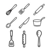 Simple Black Line Art Kitchen Utensils and Tools vector