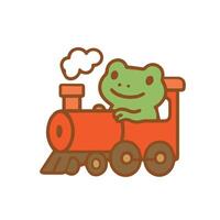 Frog driving a red train, cartoon style. vector