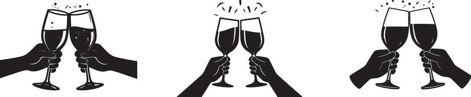 Set of Clinking Champagne Glasses with Hands. Toasting and Celebration Icons for Parties, Events, and Success vector
