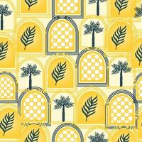 Pattern with palm leaves and yellow arches vector