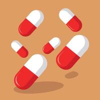 Red and White Capsule Pills Floating, Illustration of Medicine, Pharmaceutical Drugs, Healthcare Concept, Isolated on Brown Background, Modern Flat Design vector