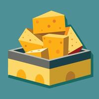 Delicious Cartoon Cheese Cubes in Box, Illustration of Dairy Food, Tasty Snack, Yellow Cheese Pieces, Isolated on Blue Background vector