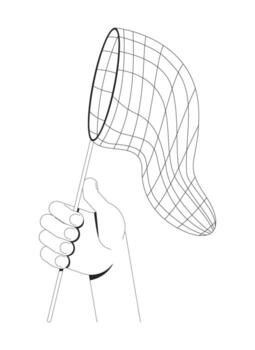 Hand holding catching net outline illustration. Gripping butterfly net catcher. Capturing tool, opportunity, abstract pursuit isolated 2D image black and white. Linear drawing clip art vector