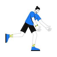 Sporty caucasian man in catching pose 2D cartoon character. Running european energetic guy wearing smartwatch and patterned socks flat person isolated on white. Spot illustration colorful vector