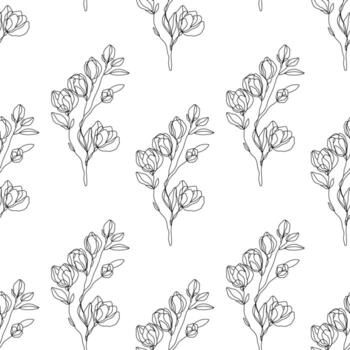 sin costura floral modelo. sin costura modelo con uno línea floral sucursales. dibujado a mano magnolia flores en mínimo contorno estilo en un blanco antecedentes. vector