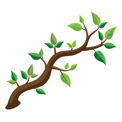 Tree Branch with Green Leaves, Botanical Nature Illustration, Fresh Spring Growth, Isolated Art Design on White Background, Eco-Friendly Plant Element