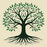 Elegant Green Tree with Roots and Leaves, Nature Growth Symbol, Environmental Concept, Isolated Illustration on Beige Background, Botanical Art Design vector