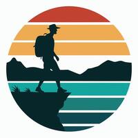 Silhouette of Hiker with Backpack Standing on Cliff Edge, Retro Sunset Mountain Landscape, Adventure Travel and Outdoor Exploration Concept Illustration vector