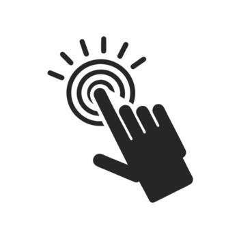 Black hand click icon illustration isolated on white background, symbolizing touch, tap, pointer, interaction, user interface, technology, navigation, and digital access concept. vector