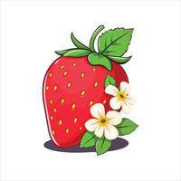 Bright red strawberry with green leaves and white flowers, isolated on white background, fresh fruit illustration, healthy organic food, summer harvest art vector