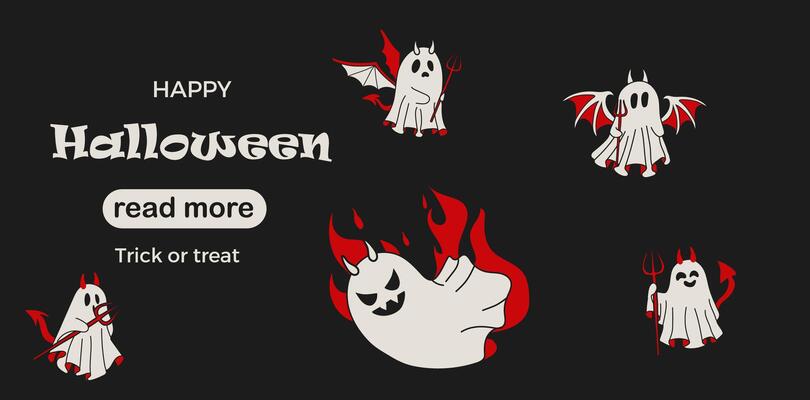 Web page design template. Set of Halloween Devil Ghosts with Trident and Fun Design