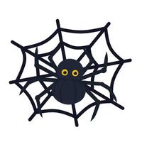 Black spider hanging on a web, cute yet creepy flat style Halloween illustration. Great for scary decorations, stickers, and spooky digital content vector