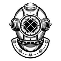 Vintage Diving Helmet Illustration in Black and White, Classic Deep Sea Diver Helmet , Nautical Retro Equipment Isolated on White Background for Marine and Adventure Themes vector
