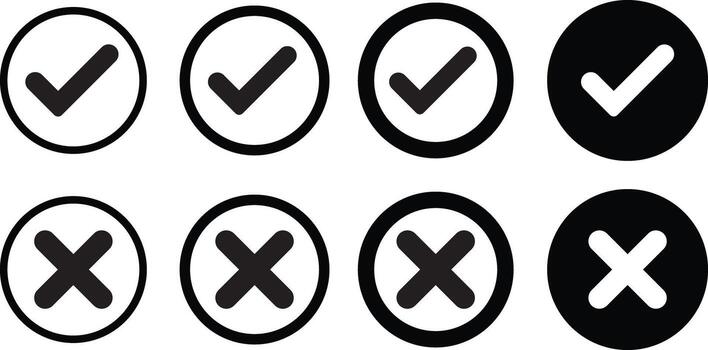 Check mark icons button set. yes or no checkmark sign. Check box icon with right and wrong buttons. black tick box and black cross symbols vector