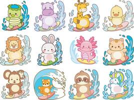 Cute surfing animals enjoying ocean waves vector