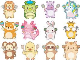 Cartoon animals with maracas in colorful designs vector