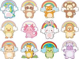 Colorful animals with rainbows background vector