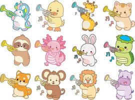 colorful animals playing trumpets together vector