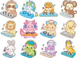 Cute animals DJing with music vector