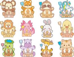 Cartoon animals with sandcastles vector