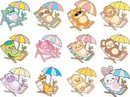 Cartoon animals under umbrellas on beach chairs vector