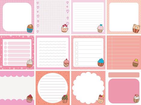 Cute cupcake in the memo.Cute sticky planners with variation of pattern and pastel color. vector
