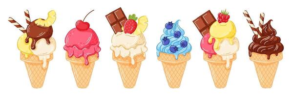 Colorful ice cream cones with toppings vector