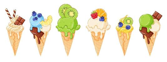 Colorful ice cream cones with various toppings vector