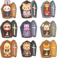 Cartoon animals in colorful coffins vector