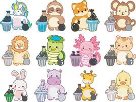 Cartoon animals holding trash cans vector