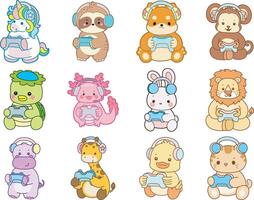 Cartoon animals gaming with controllers vector