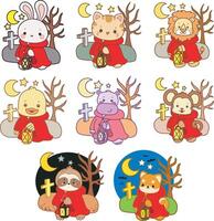 Cute animal illustrations with lanterns vector