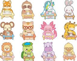 Cartoon animals reading books together vector