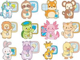 Cartoon animals cleaning with spray bottles vector