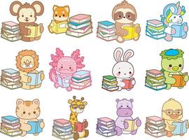 Animals reading books illustration vector