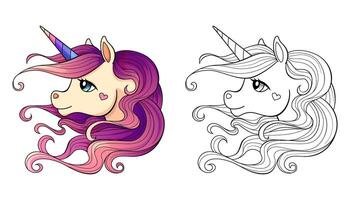 Cute cartoon unicorn head with rainbow horn and long purple mane. Black and white illustration for coloring book with example in color vector
