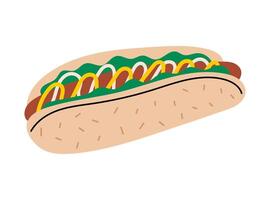 Hot dog with mustard. No dish meals. Popular junk food. Flat illustration isolated on white. vector