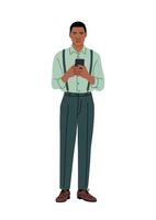 Stylish black man wearing suspenders holding phone vector