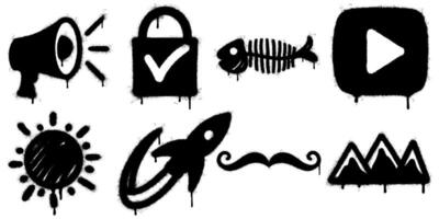Spray Paint Graffiti Icons Set. Icon illustrations include a megaphone, padlock with check mark, fish skeleton, play button, sun, rocket, mustache, and mountain range. vector